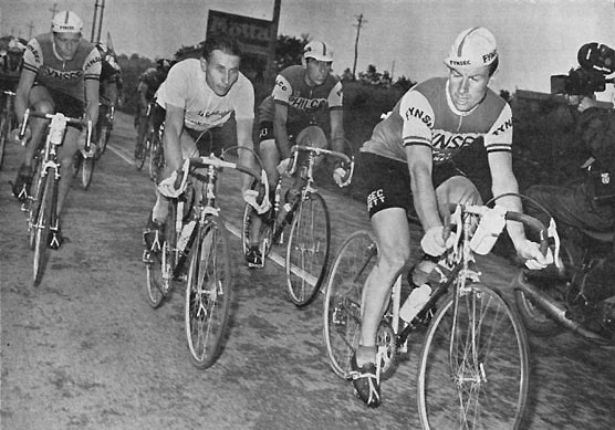 Samus Elliott guiding Jacques Anquetil to victory in the 1960 Giro D'Italia (Photo Credit: Sporting Cyclist, August 1960, Vol 4 No 8 ) by Rene de Latour